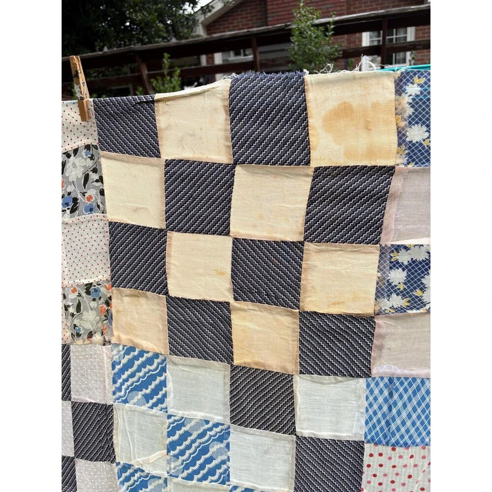 Vintage Handmade Checkerboard Patchwork Quilt Top Cottage Farmhouse Bedding